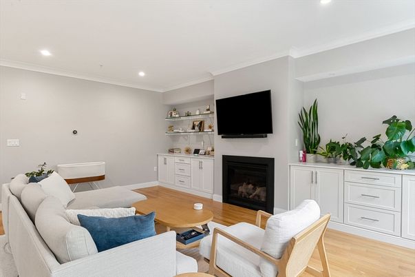 Fireplace, Interior, Living room, Recessed Lighting, Wood Texture Flooring