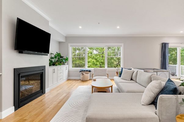 Fireplace, Interior, Living room, Recessed Lighting, Wood Texture Flooring