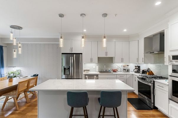 Interior, Kitchen, Pendant Lights, Recessed Lighting, Stainless Steel Appliances, Wood Texture Flooring