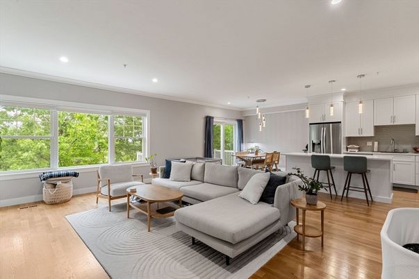 Dining room, Interior, Kitchen, Living room, Pendant Lights, Recessed Lighting, Stainless Steel Appliances, Wood Texture Flooring