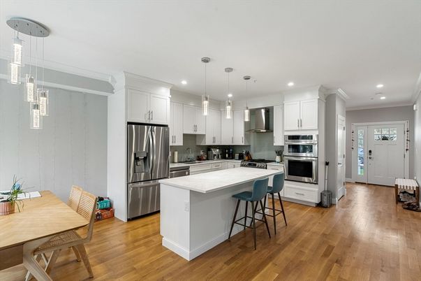 Interior, Kitchen, Pendant Lights, Recessed Lighting, Stainless Steel Appliances, Wood Texture Flooring