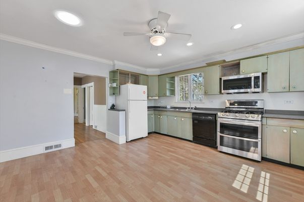 Interior, Kitchen, Recessed Lighting, Stainless Steel Appliances, Wood Texture Flooring