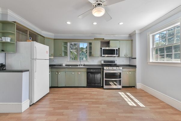 Interior, Kitchen, Recessed Lighting, Stainless Steel Appliances, Wood Texture Flooring
