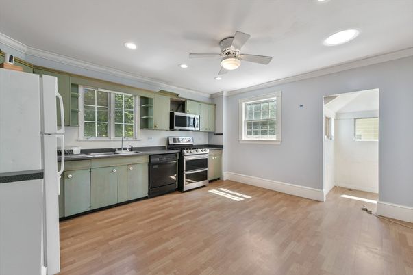 Interior, Kitchen, Recessed Lighting, Stainless Steel Appliances, Wood Texture Flooring