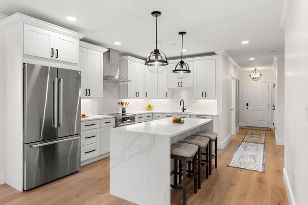 Interior, Kitchen, Pendant Lights, Recessed Lighting, Stainless Steel Appliances, Wood Texture Flooring