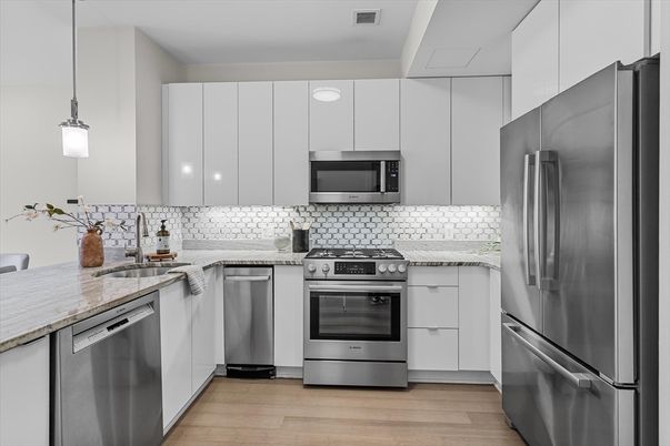 Interior, Kitchen, Pendant Lights, Stainless Steel Appliances, Wood Texture Flooring