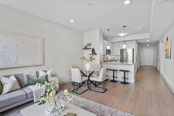 Dining room, Interior, Kitchen, Living room, Pendant Lights, Recessed Lighting, Stainless Steel Appliances, Wood Texture Flooring