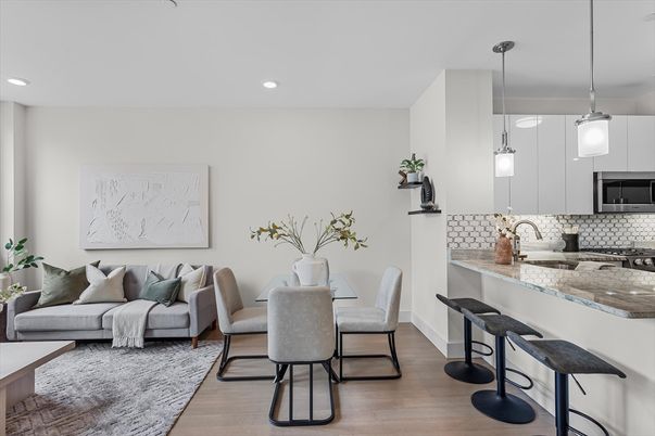 Dining room, Interior, Kitchen, Living room, Pendant Lights, Recessed Lighting, Stainless Steel Appliances, Wood Texture Flooring