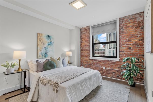 Bedroom, Interior, Stone Walls, Wood Texture Flooring