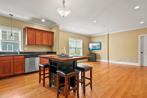 Interior, Kitchen, Pendant Lights, Recessed Lighting, Wood Texture Flooring