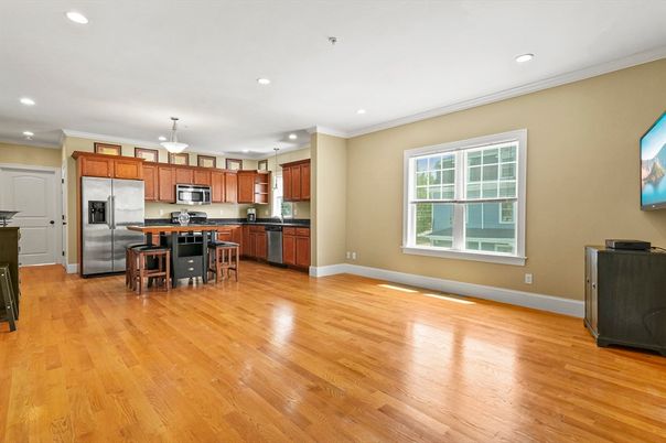 Dining room, Interior, Kitchen, Pendant Lights, Recessed Lighting, Stainless Steel Appliances, Wood Texture Flooring