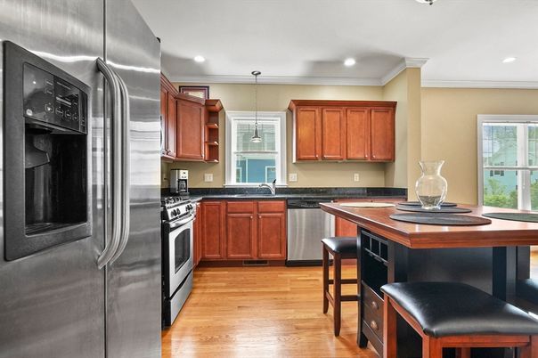 Interior, Kitchen, Pendant Lights, Recessed Lighting, Stainless Steel Appliances, Wood Texture Flooring