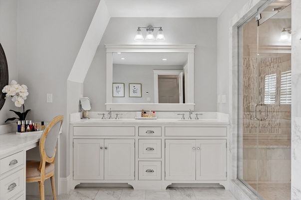 Bathroom, Dual Sink Vanities, Glass Shower, Interior, Marble, Recessed Lighting