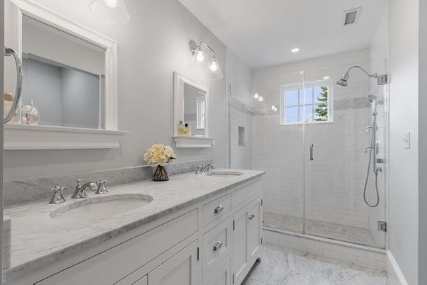Bathroom, Dual Sink Vanities, Glass Shower, Interior, Marble, Recessed Lighting