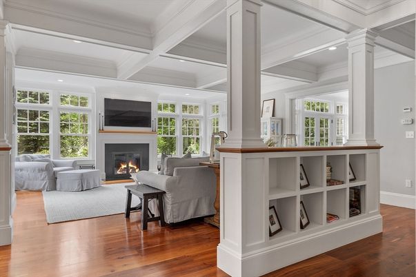 Fireplace, Interior, Living room, Recessed Lighting, Wood Texture Flooring