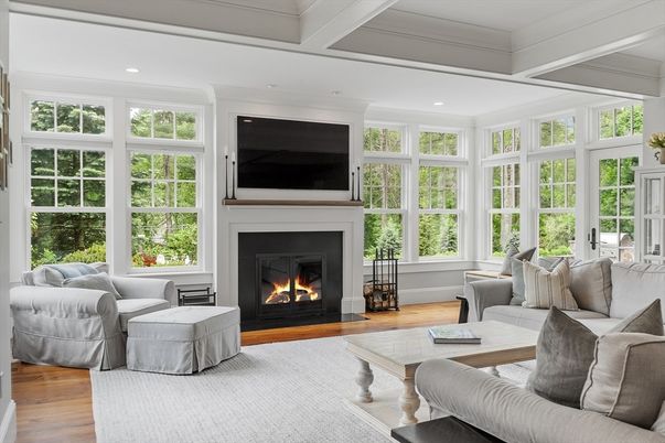 Fireplace, Interior, Living room, Recessed Lighting, Wood Texture Flooring