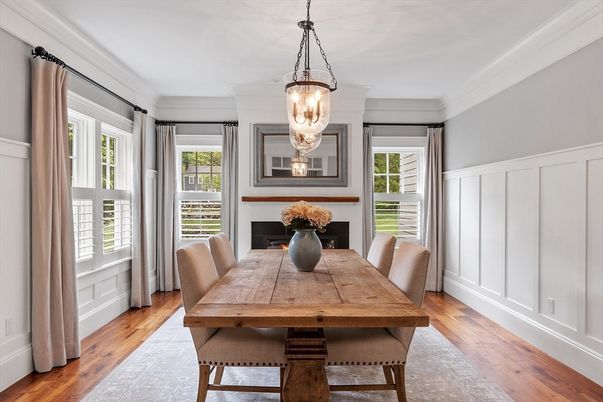 Dining room, Fireplace, Interior, Pendant Lights, Wood Texture Flooring