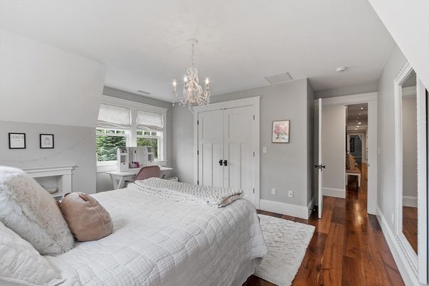 Bedroom, Chandelier, Interior, Recessed Lighting, Wood Texture Flooring