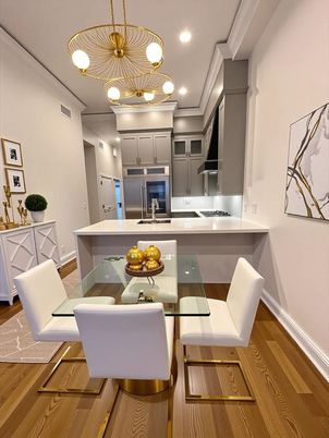 Dining room, Interior, Kitchen, Pendant Lights, Recessed Lighting, Wood Texture Flooring