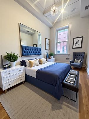 Bedroom, Interior, Pendant Lights, Wood Texture Flooring
