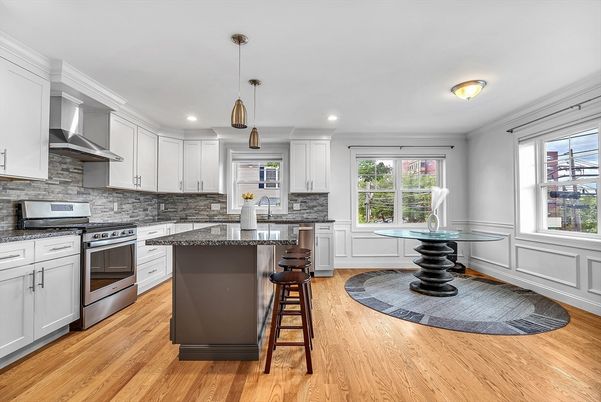 Interior, Kitchen, Pendant Lights, Recessed Lighting, Stainless Steel Appliances, Wood Texture Flooring