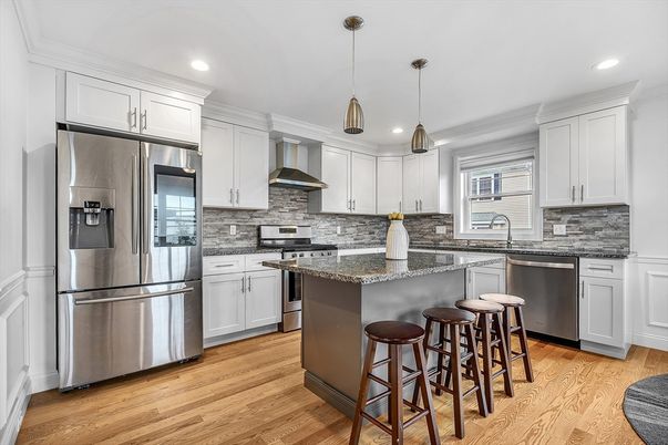 Interior, Kitchen, Pendant Lights, Recessed Lighting, Stainless Steel Appliances, Wood Texture Flooring