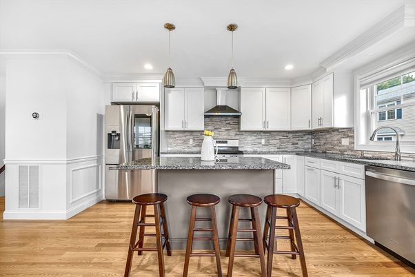 Interior, Kitchen, Pendant Lights, Recessed Lighting, Stainless Steel Appliances, Wood Texture Flooring