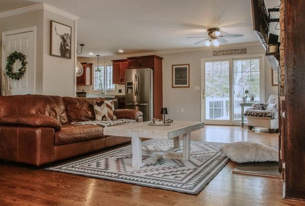 Dining room, Interior, Kitchen, Living room, Pendant Lights, Recessed Lighting, Stainless Steel Appliances, Wood Texture Flooring