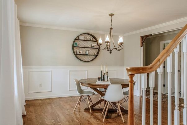 Chandelier, Dining room, Interior, Wood Texture Flooring