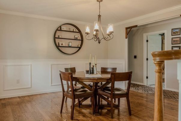Chandelier, Dining room, Interior, Wood Texture Flooring