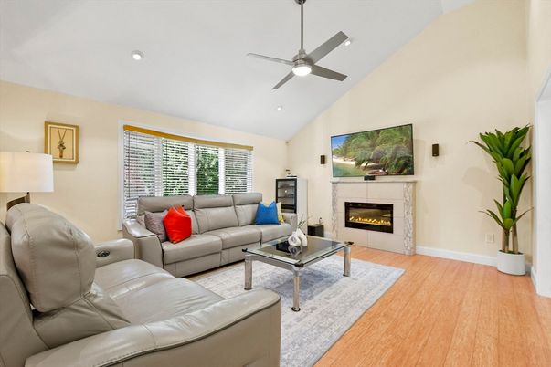 Fireplace, Interior, Living room, Recessed Lighting, Wood Texture Flooring
