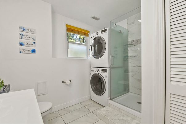 Bathroom, Glass Shower, Interior, Marble Walls, Utility Closets, Washer
