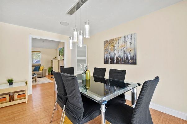 Dining room, Interior, Pendant Lights, Recessed Lighting, Wood Texture Flooring