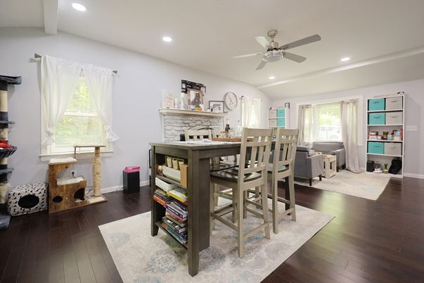 Dining room, Fireplace, Interior, Recessed Lighting, Wood Texture Flooring