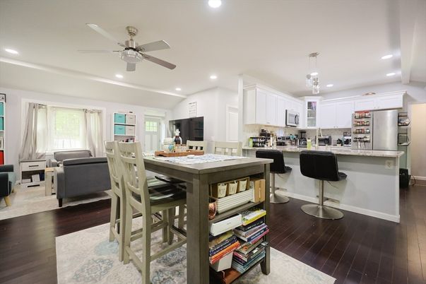 Dining room, Interior, Kitchen, Living room, Pendant Lights, Recessed Lighting, Stainless Steel Appliances, Wood Texture Flooring