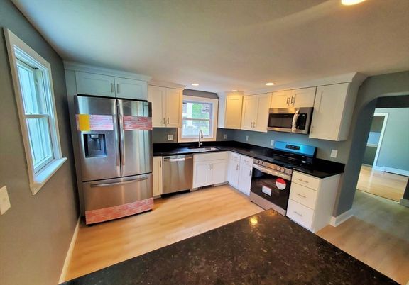 Interior, Kitchen, Recessed Lighting, Stainless Steel Appliances, Wood Texture Flooring