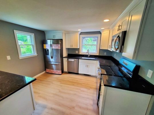 Interior, Kitchen, Recessed Lighting, Stainless Steel Appliances, Wood Texture Flooring