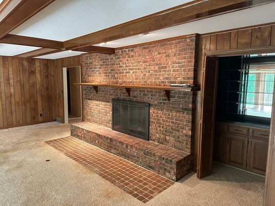 Empty room, Fireplace, Interior, Stone Walls, Wooden Beams