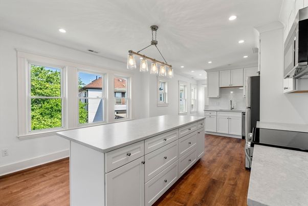 Interior, Kitchen, Pendant Lights, Recessed Lighting, Wood Texture Flooring