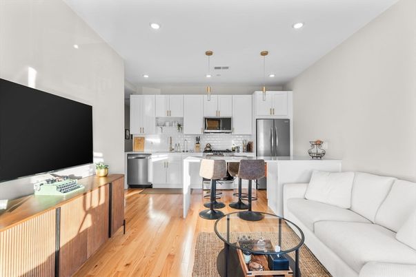 Interior, Kitchen, Living room, Pendant Lights, Recessed Lighting, Stainless Steel Appliances, Wood Texture Flooring