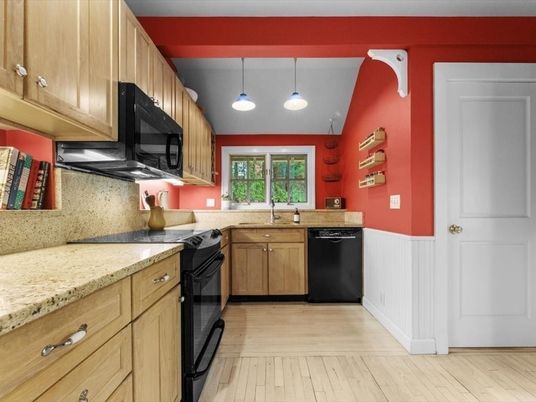 Interior, Kitchen, Pendant Lights, Wood Texture Flooring