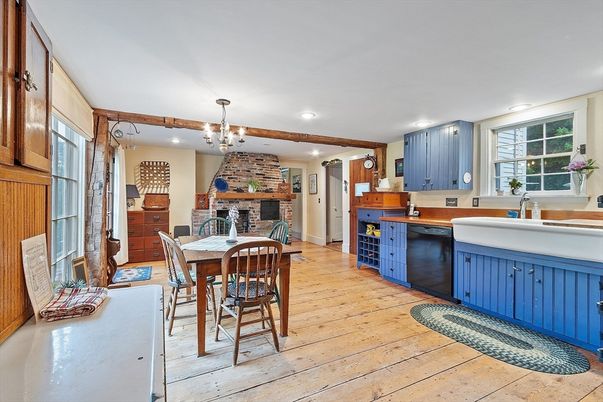Chandelier, Dining room, Fireplace, Interior, Kitchen, Recessed Lighting, Stone Walls, Wood Texture Flooring