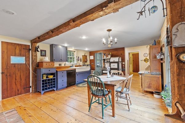 Chandelier, Dining room, Interior, Kitchen, Recessed Lighting, Wooden Beams, Wood Texture Flooring, Wooden Walls
