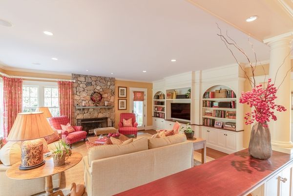 Fireplace, Interior, Living room, Recessed Lighting, Stone Walls