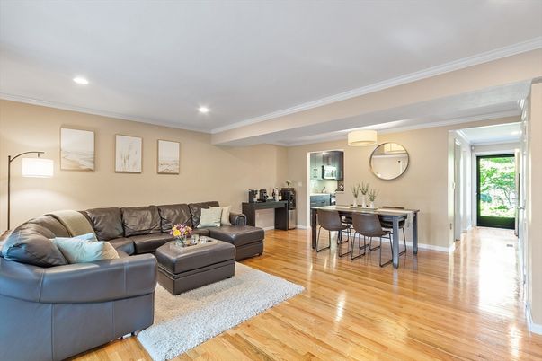 Dining room, Interior, Living room, Recessed Lighting, Wood Texture Flooring