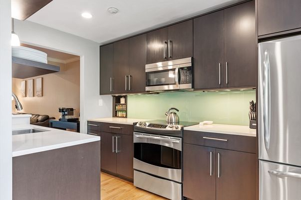 Interior, Kitchen, Recessed Lighting, Stainless Steel Appliances, Wood Texture Flooring