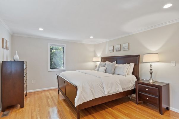 Bedroom, Interior, Recessed Lighting, Wood Texture Flooring