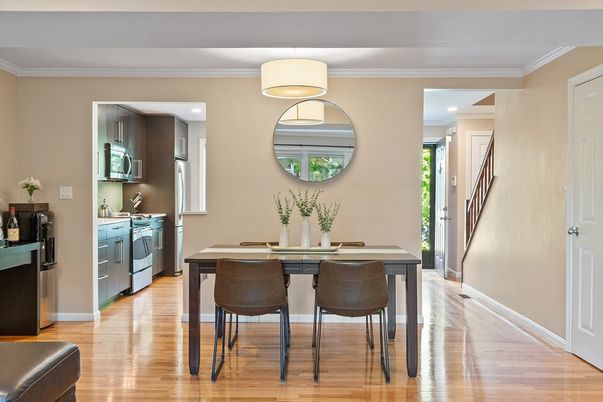 Dining room, Interior, Kitchen, Recessed Lighting, Wood Texture Flooring