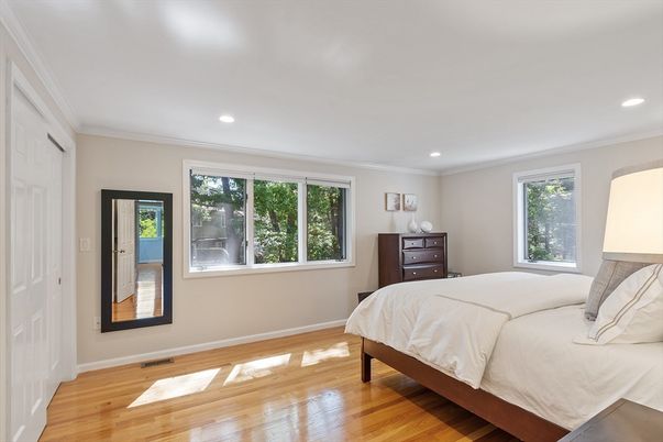 Bedroom, Interior, Recessed Lighting, Wood Texture Flooring