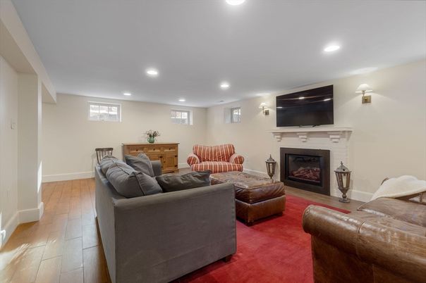 Fireplace, Interior, Living room, Recessed Lighting, Wood Texture Flooring